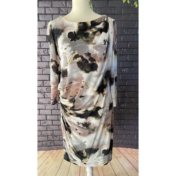Maggy London 3/4 Sleeve High Neck Sheath Cream and Gray Multi Knee Length 8 - Picture 1 of 3